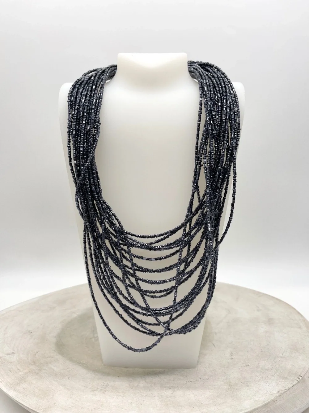 Multi Strand Black Seed Gunmetal Blue Necklace Layered Bib Statement Boho